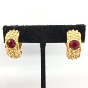 VINTAGE SWAROVSKI Red Rhinestone Clip Earrings Gold Tone Dome Signed Swan